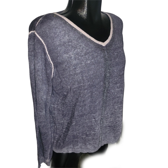 Parkhurst Blue V-Neck Sweater with Pink Trim and Rhinestone Details XL - Picture 2 of 6